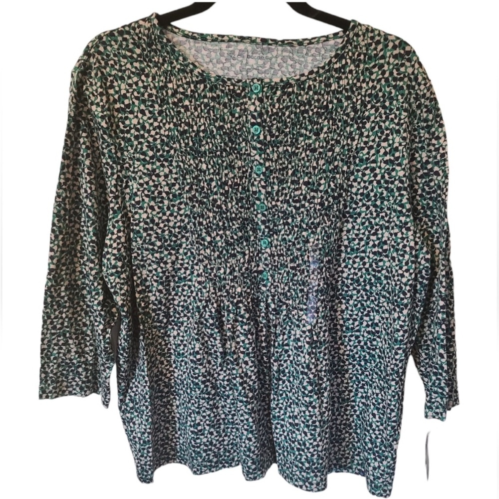 Liz Claiborne Green and Black Patterned Blouse, 3/4 sleeve, 100% Cotton, Button